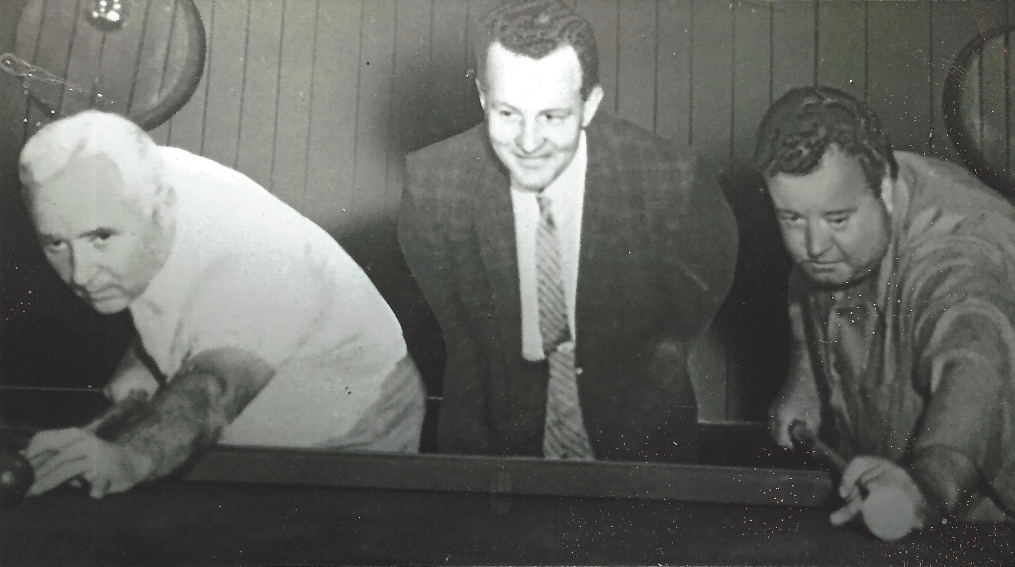 Willie Mosconi (left), Wes Brandt (center), and Jackie Gleason (right).